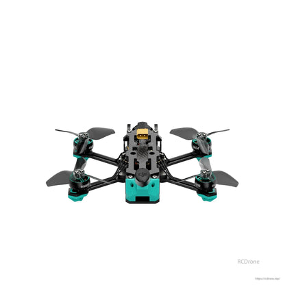 Top-down view of 135mm wheelbase 2.5 inch quad frame with four motors and teal rear bumper