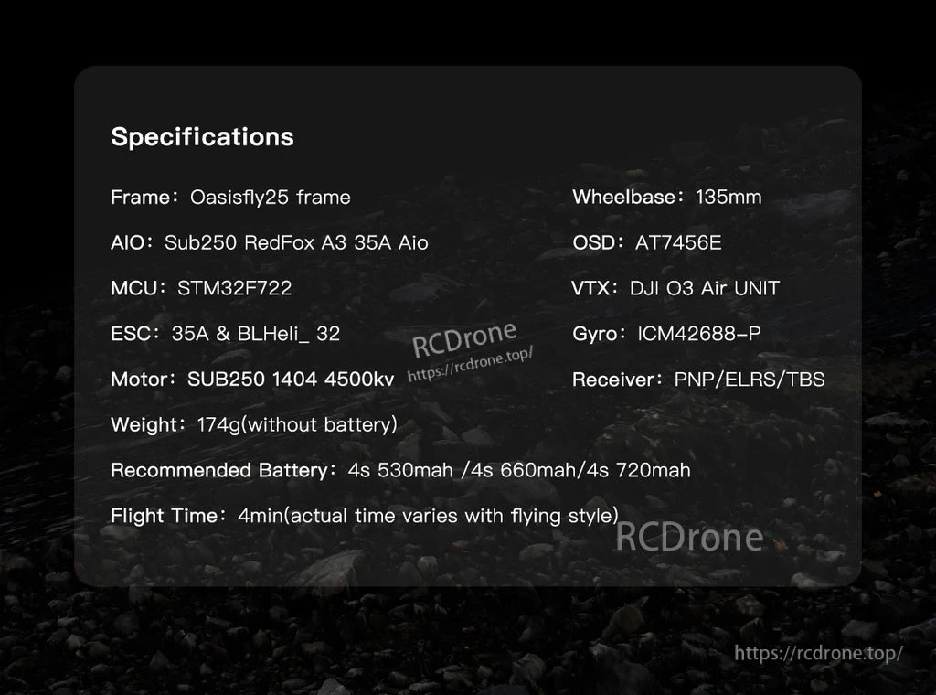 Sub250 Oasisfly25 specifications card with wheelbase, weight, O3 Air Unit, and RedFox A3 F722 AIO details