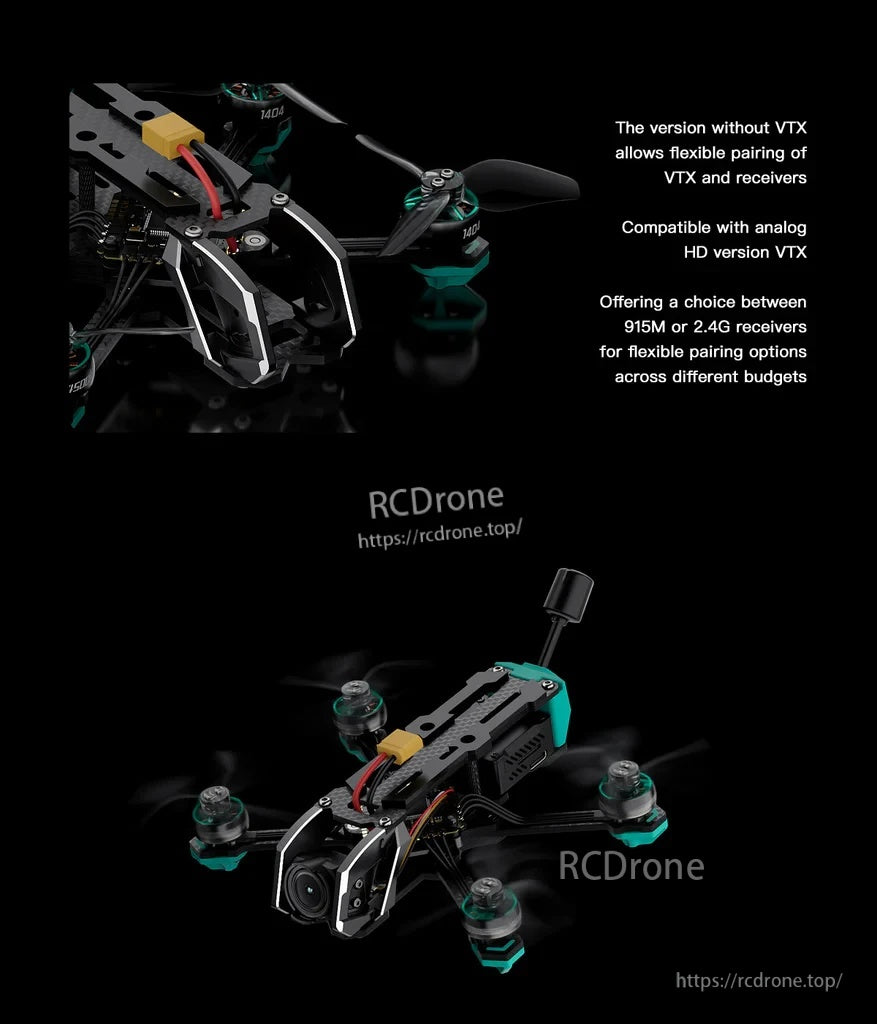 Oasisfly25 HD quad with receiver/VTX configuration note for PNP, ELRS 2.4G, or TBS options