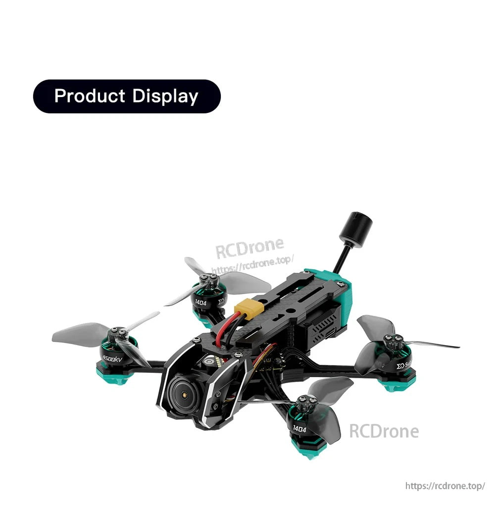 Front three-quarter view of the Oasisfly25 2.5-inch quadcopter with teal motor guards and front camera mount