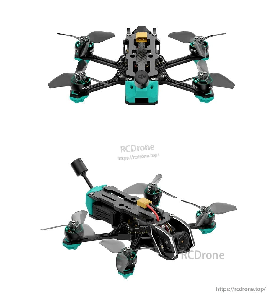Rear and side views of the Oasisfly25 frame showing motor spacing and raised rear antenna mount