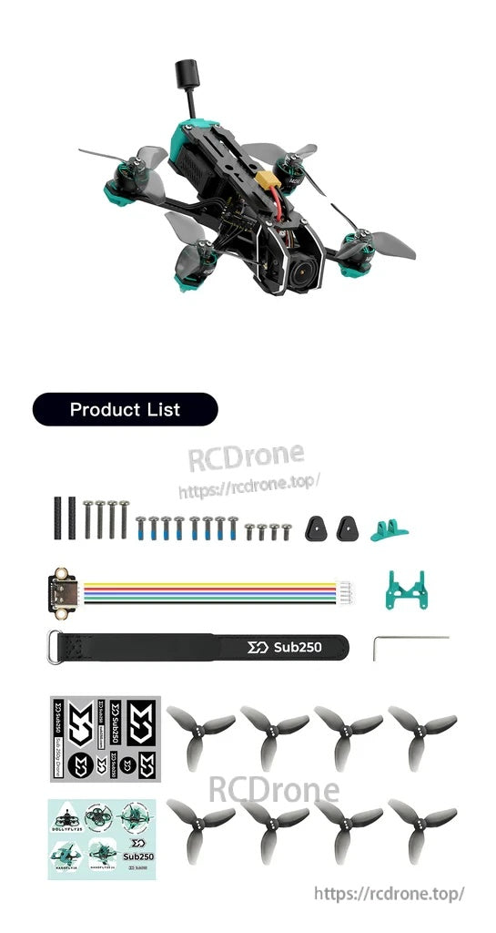 Oasisfly25 package contents with spare screws, tools, battery straps, stickers, and extra 2.5-inch propellers