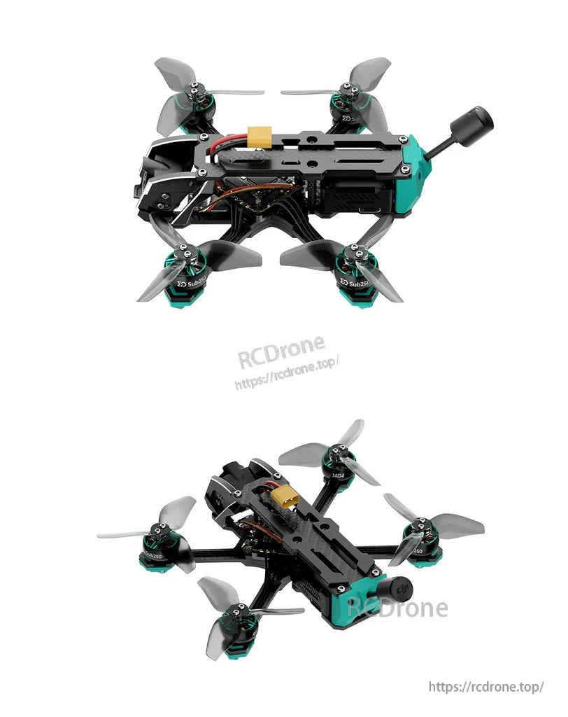 Top and angled views highlighting the Oasisfly25 layout, XT30 lead, and 2.5-inch tri-blade prop setup