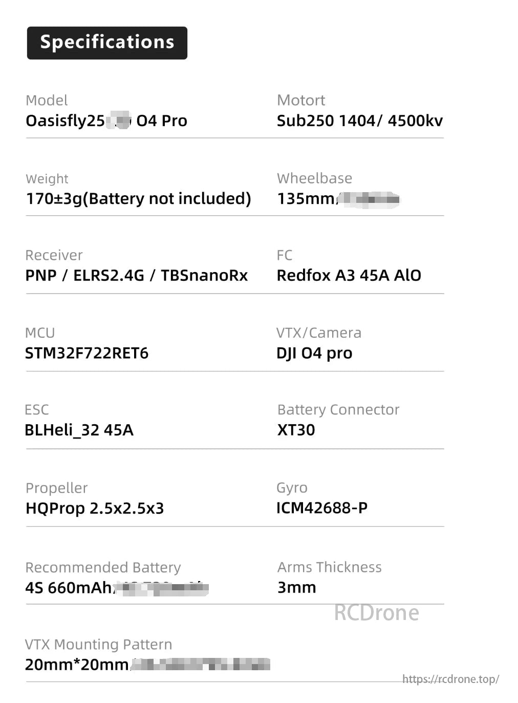 Sub250 Oasisfly25 4S HD 2.5-Inch Freestyle FPV, Oasisfly25 O4 Pro: Sub250 drone with 1404/4500kv motors, 135mm wheelbase, ELRS/TBS nano Rx, Redfox A3 FC, DJI O4 Pro VTX/camera, BLHeli_32 ESC, XT30 connector.