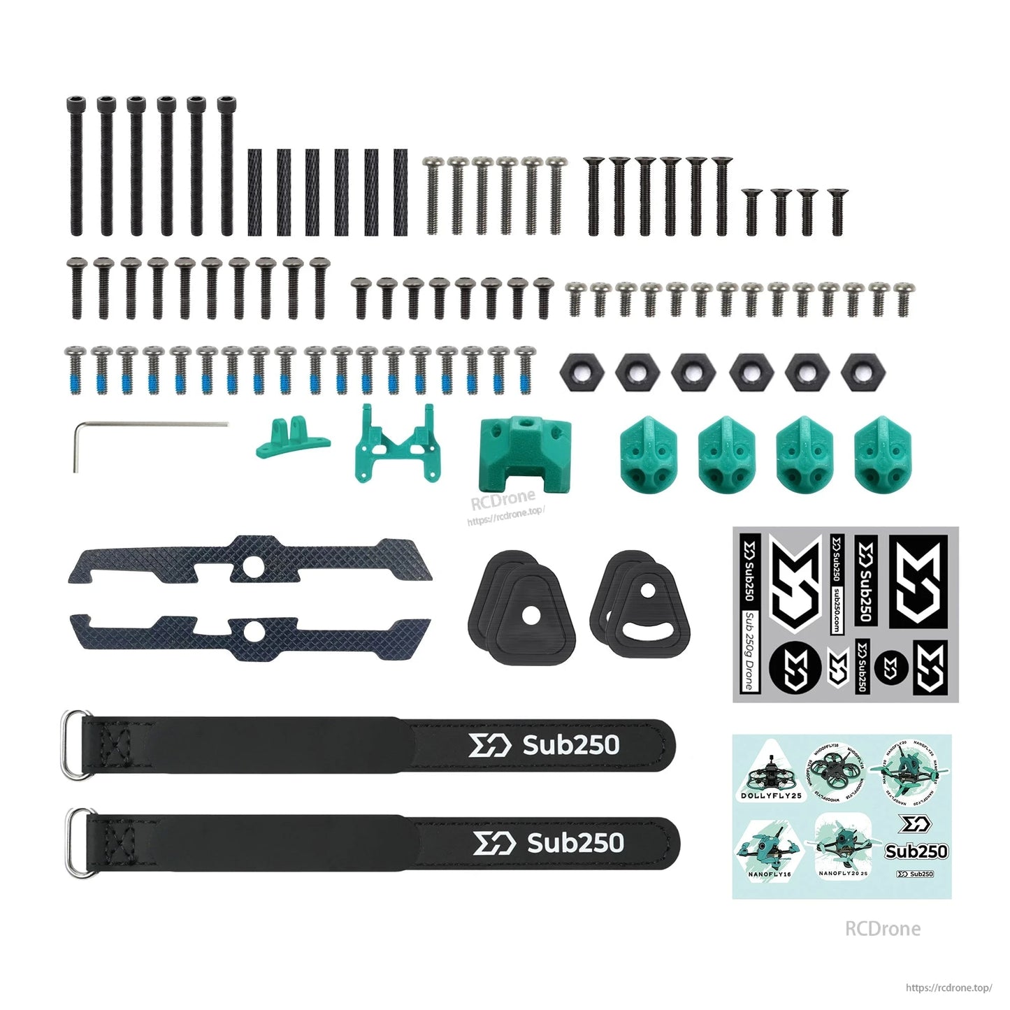 Package contents layout: screws, standoffs, nuts, carbon plates, 3D-printed mounts, straps, and stickers