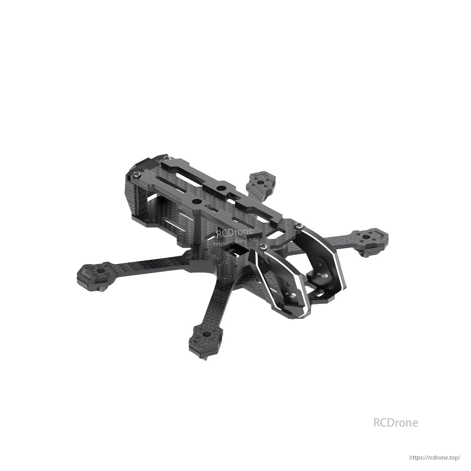 Angled front view of FPV drone frame showing top plate cutouts and protective camera cage