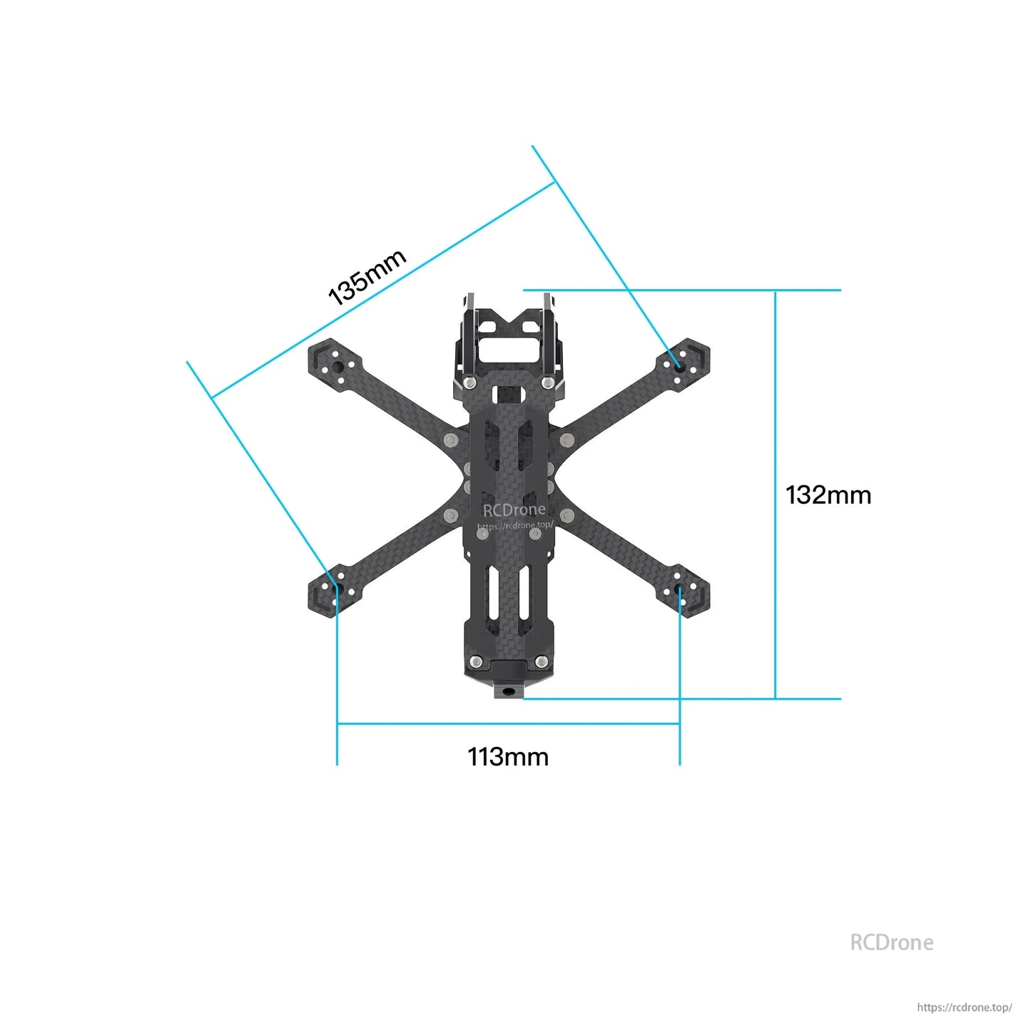 Frame size diagram showing 135 mm length, 132 mm height, and 113 mm width measurements