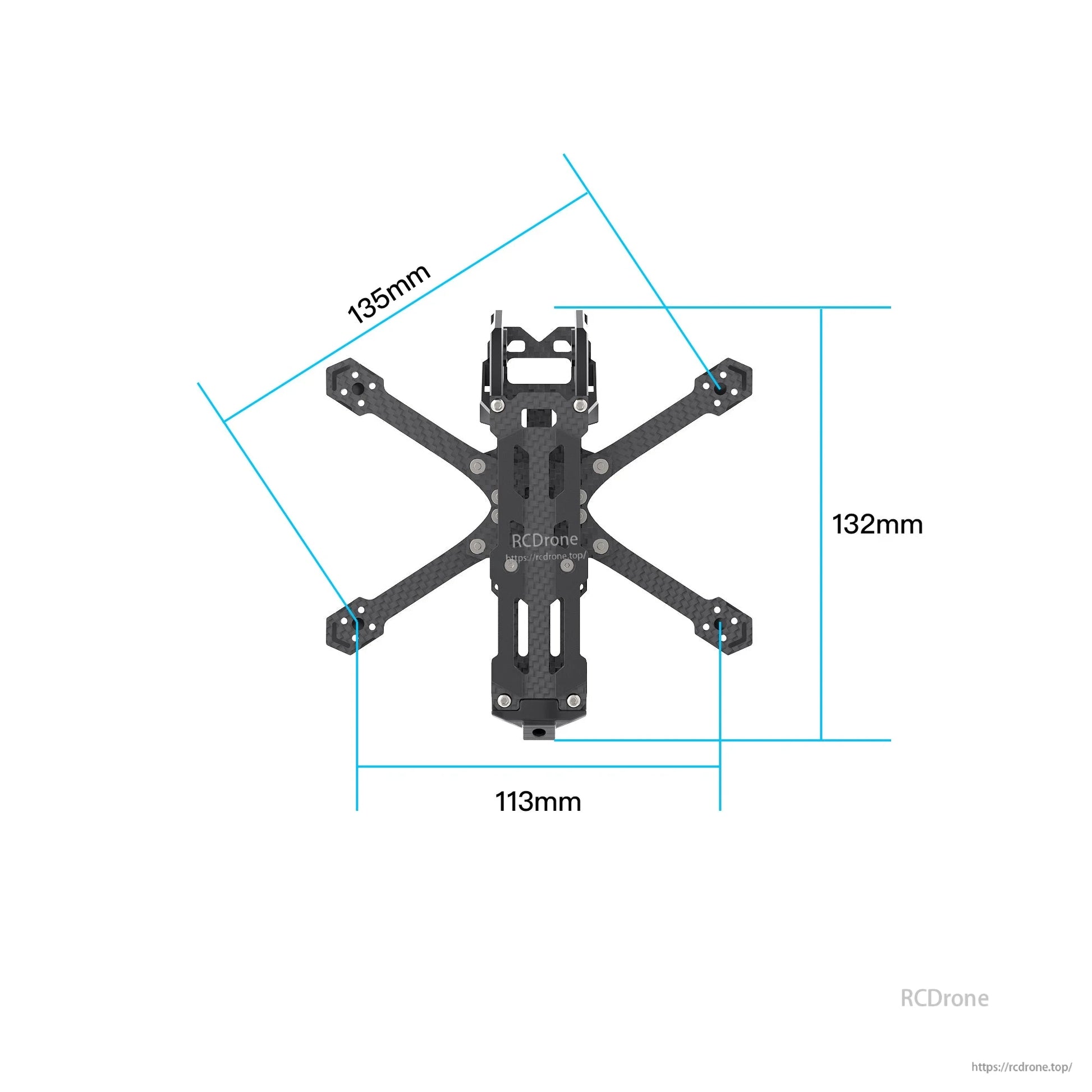 Frame size diagram showing 135 mm length, 132 mm height, and 113 mm width measurements