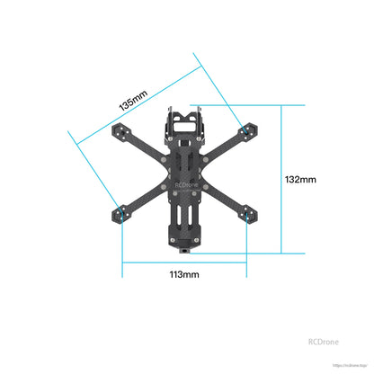 Frame size diagram showing 135 mm length, 132 mm height, and 113 mm width measurements
