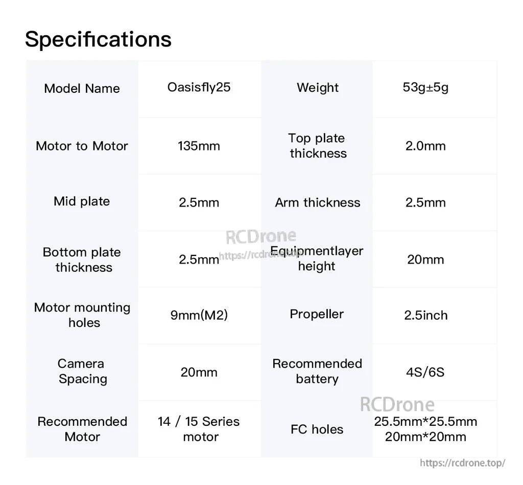 Sub250 Oasisfly25 O3 2.5inch FPV drone frame parts specifications table with weight, plate thickness, and mounting sizes
