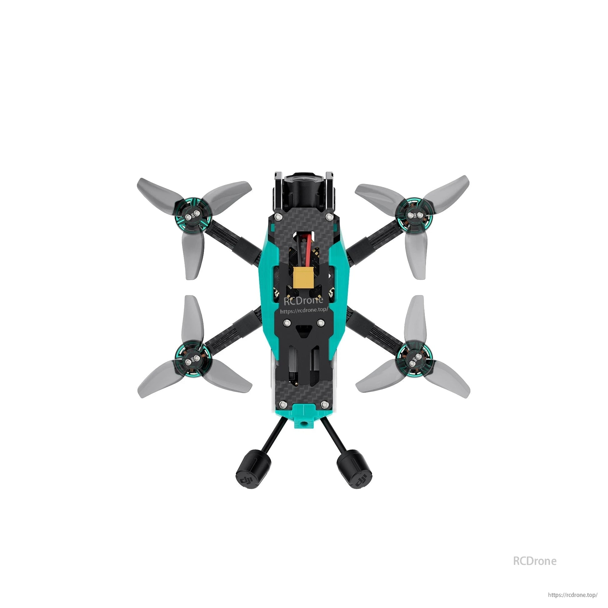 Top-down view of quadcopter showing full frame layout, motors, props, and top-mounted electronics
