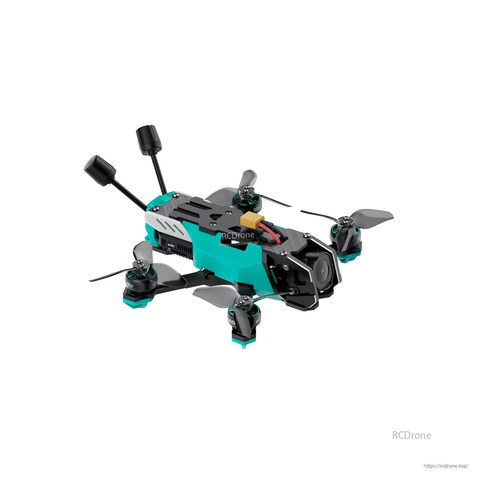 Angled side view of 3-inch HD O4 Pro freestyle quadcopter showing camera mount, canopy, and antenna placement