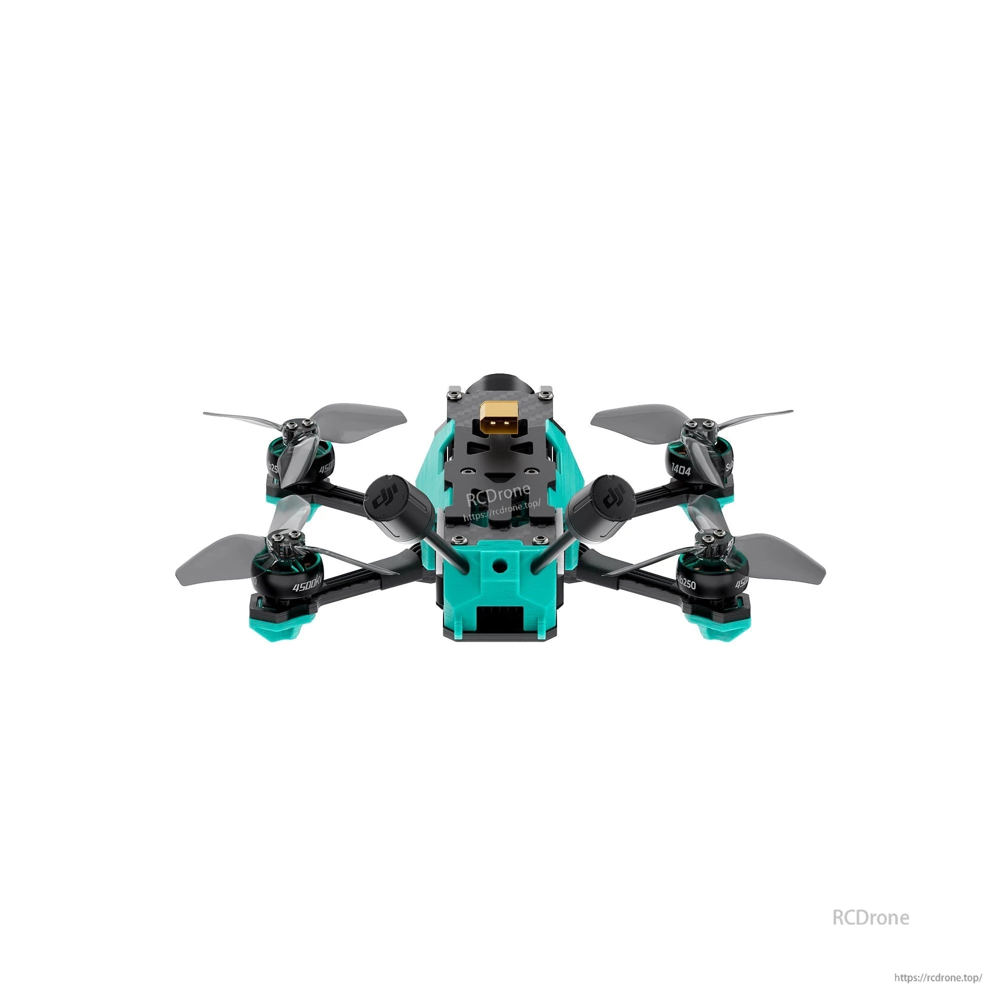 Front head-on view of quadcopter frame showing camera housing, prop clearance, and arm symmetry