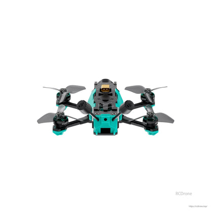 Front head-on view of quadcopter frame showing camera housing, prop clearance, and arm symmetry