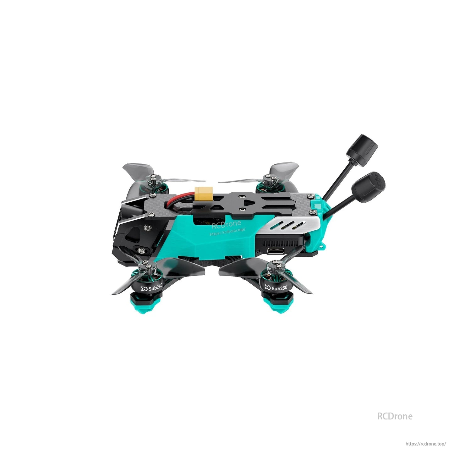 Side profile of quadcopter showing canopy vents, side port opening, and rear antennas