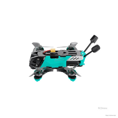 Side profile of quadcopter showing canopy vents, side port opening, and rear antennas