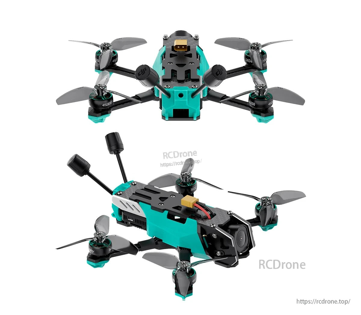 Front view and three-quarter view of Oasisfly25/30 O4 Pro highlighting 1404 motors and 3-blade props