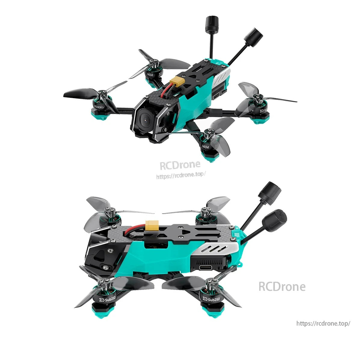 Angled and side profile of Oasisfly25/30 O4 Pro showing dual antenna mounts, XT30 lead, and side vented panels