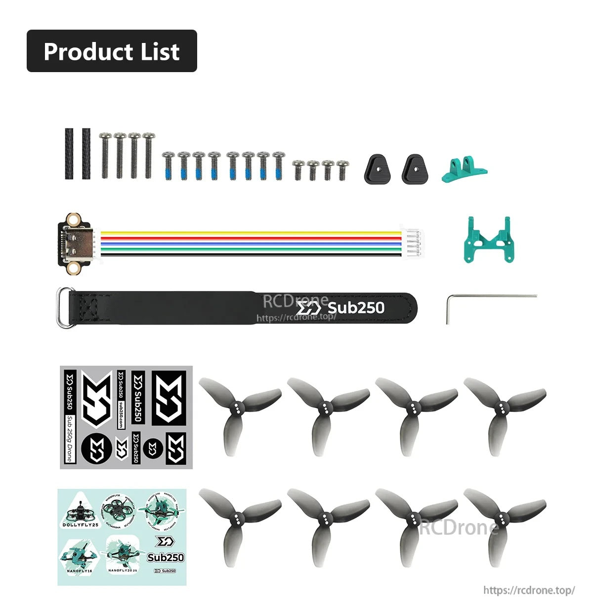 Package contents for Oasisfly25/30: screws, wiring harness, battery strap, hex key, stickers, and 8 spare propellers