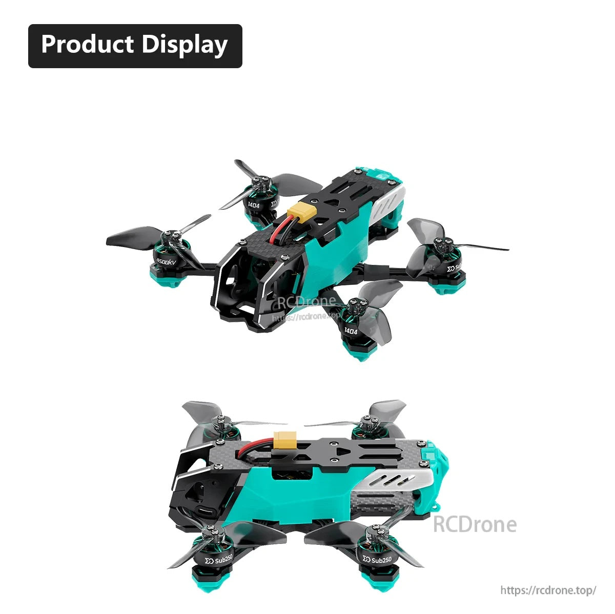 Sub250 Oasisfly25/30 O4 Pro quadcopter angled and side views highlighting DJI O4 Pro camera mount and top plate