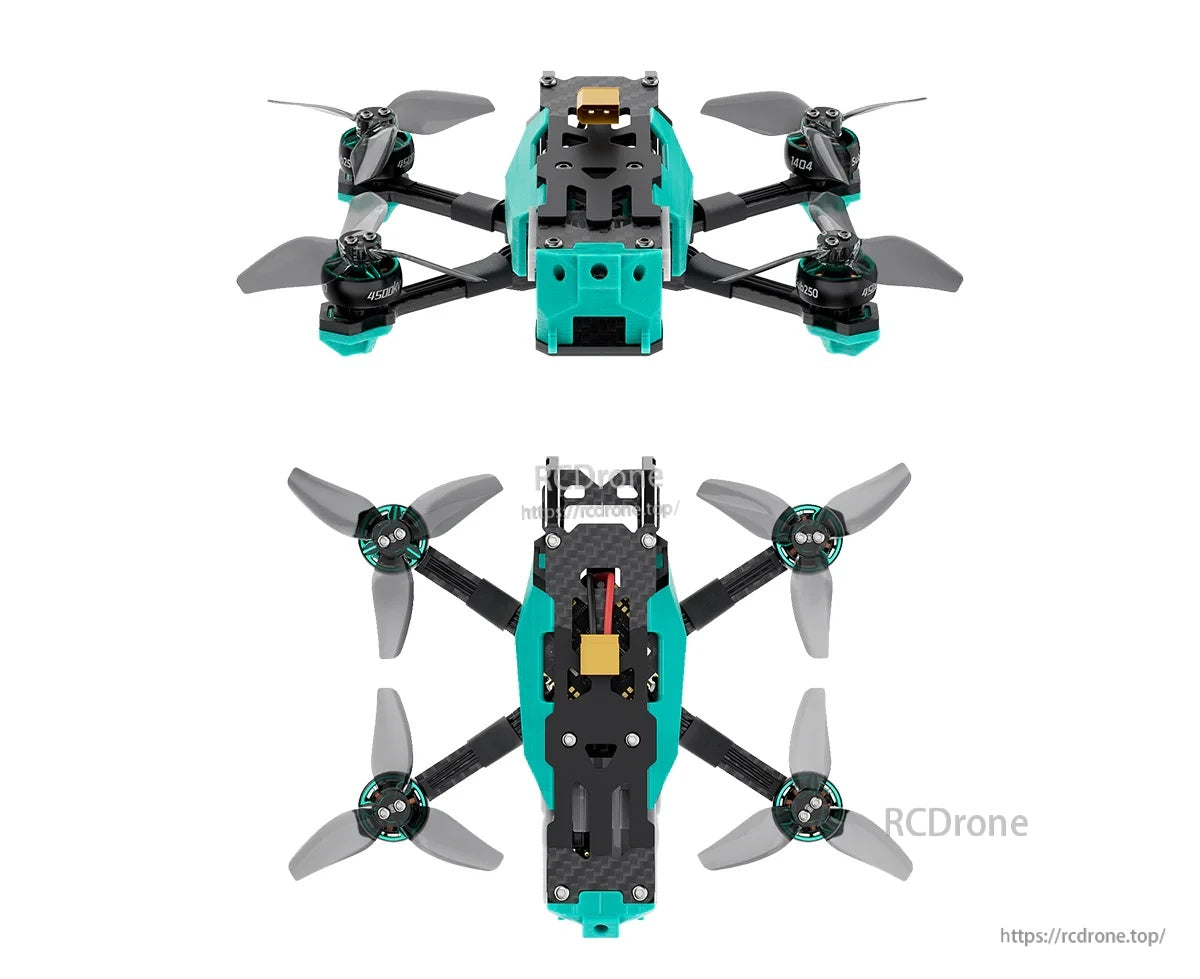 Front and top-down views of Oasisfly25/30 O4 Pro 3-inch quad showing wheelbase layout and prop clearance