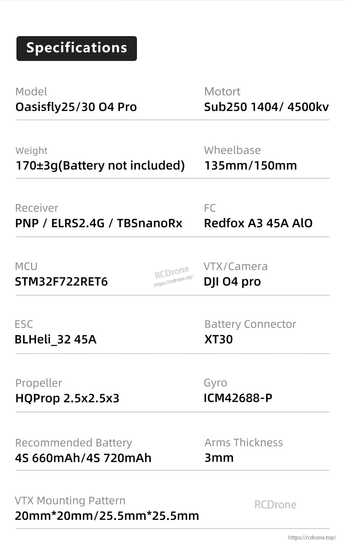 Oasisfly25/30 O4 Pro specifications chart: 170 g frame, 1404 4500KV motors, 45A AIO, XT30, DJI O4 Pro