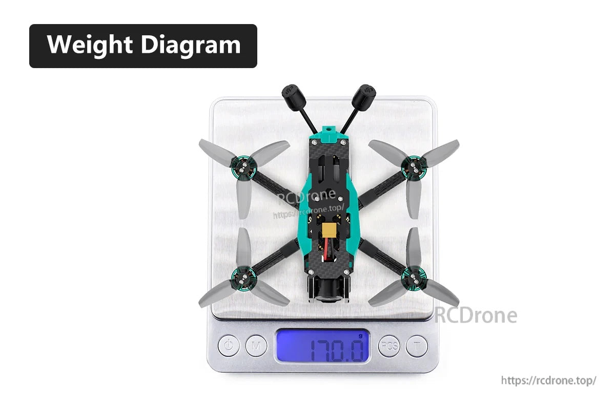 Oasisfly25/30 O4 Pro weight diagram on scale showing 170.0 g without battery