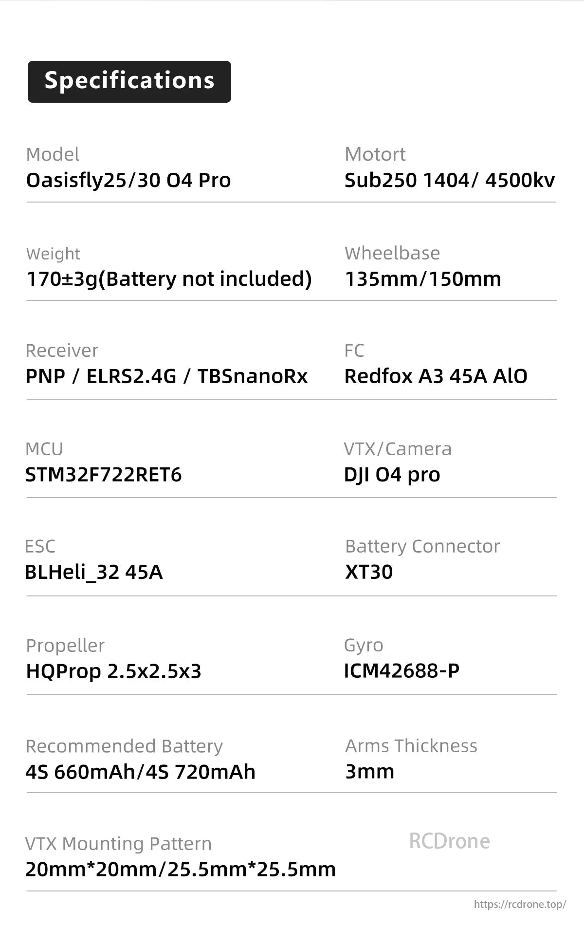 Sub250 Oasisfly30 4S 3-Inch HD Freestyle FPV, Oasisfly25/30 O4 Pro: Sub250 drone with 1404/4500kv motor, Redfox A3 FC, DJI O4 Pro VTX/camera, XT30 connector, HQProp props, and 4S battery options.