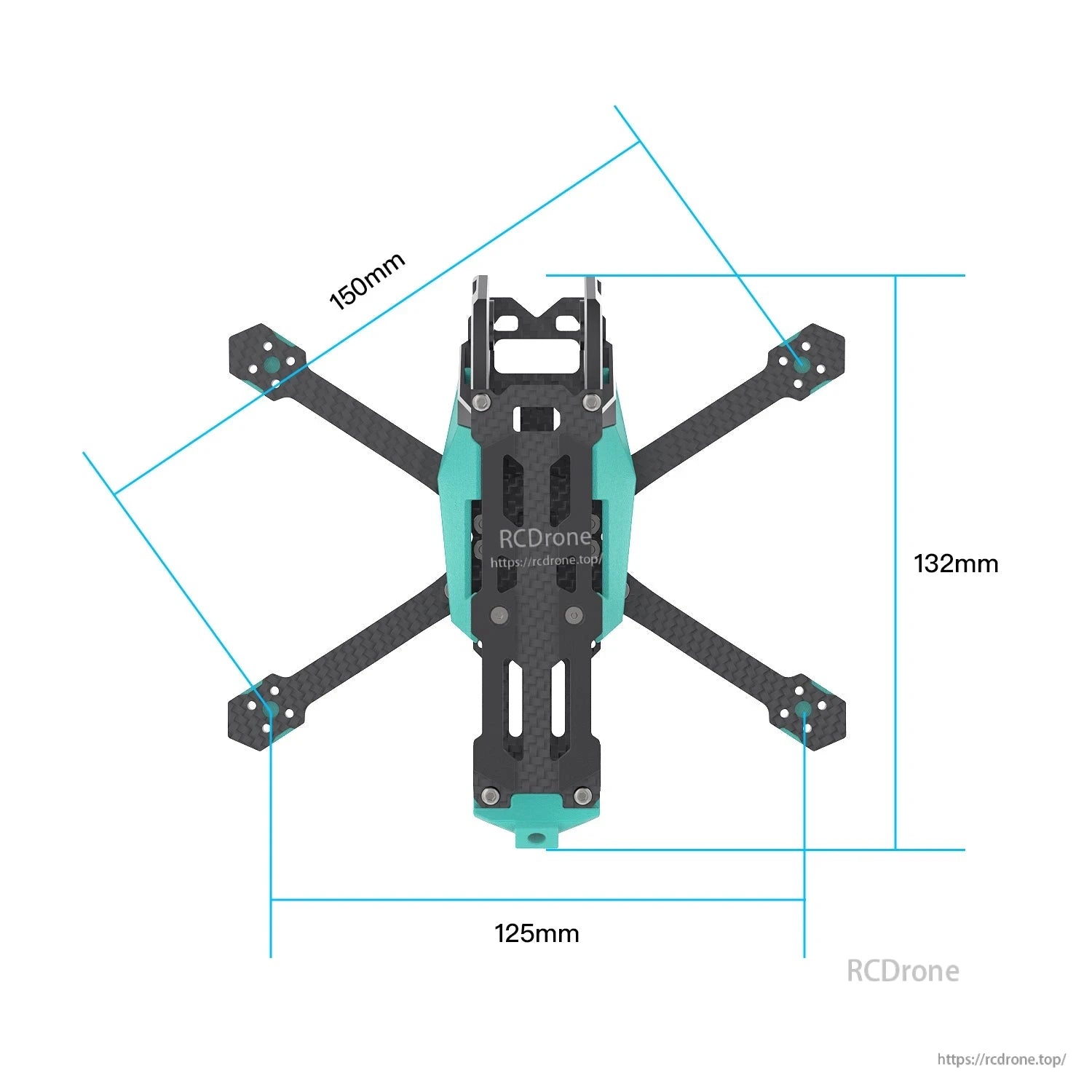 Sub250 Oasisfly30 O3 drone frame dimensions diagram showing 150mm, 132mm, and 125mm measurements