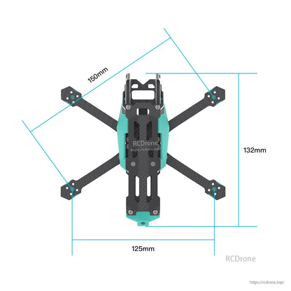 Sub250 Oasisfly30 O3 drone frame dimensions diagram showing 150mm, 132mm, and 125mm measurements