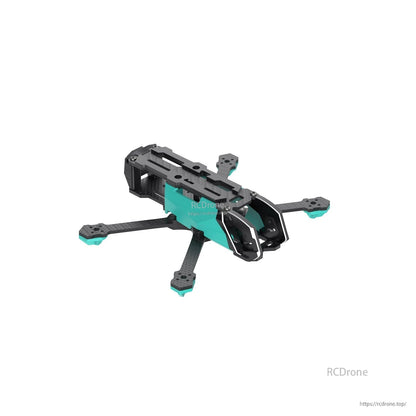 Front angled view highlighting the protective camera cage and nose section on the carbon fiber drone frame
