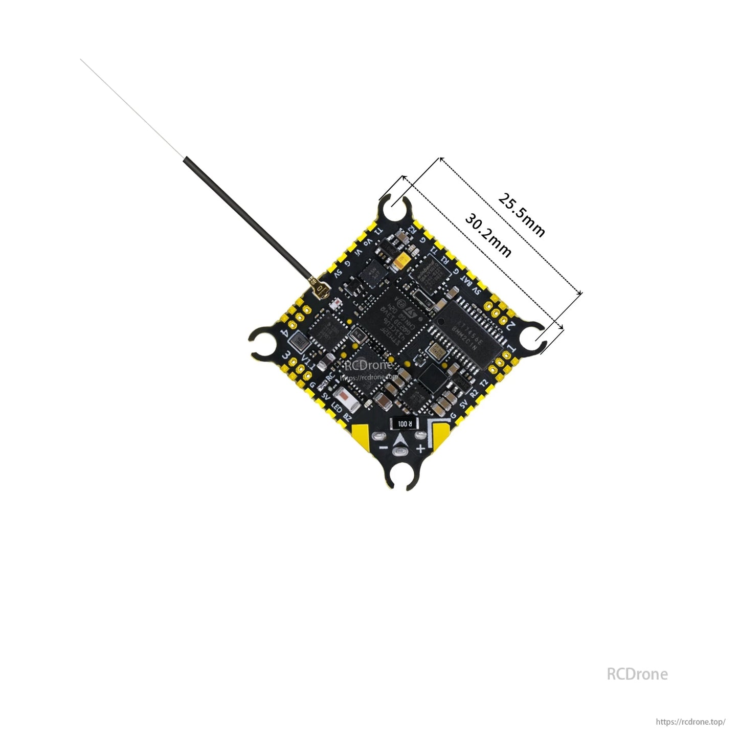 Sub250 Redfox A2 AIO flight controller with printed size diagram showing 30.2 mm and 25.5 mm