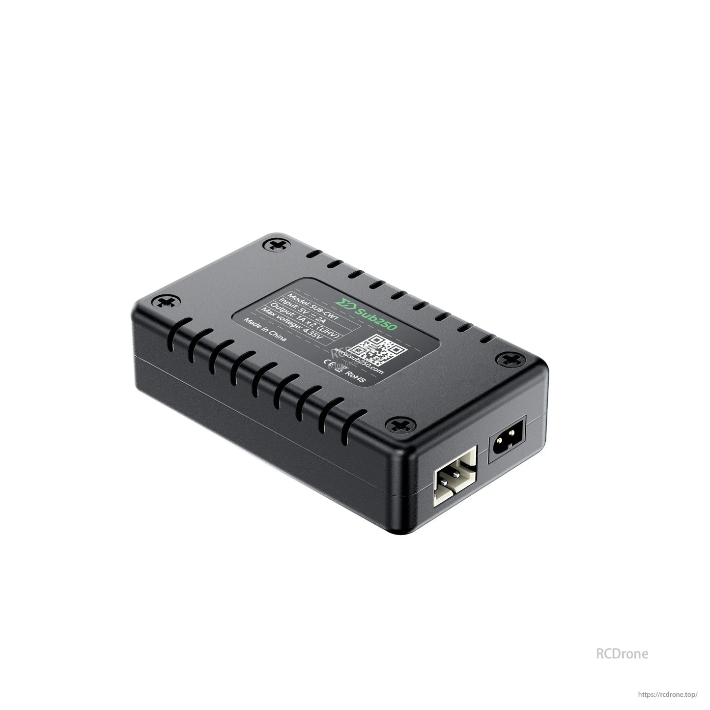 Underside angle view showing label panel and end with USB-A port and DC input jack