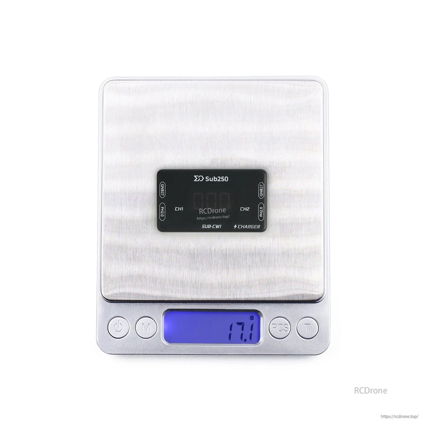 Charger on digital scale showing weight reading of 17.9 g