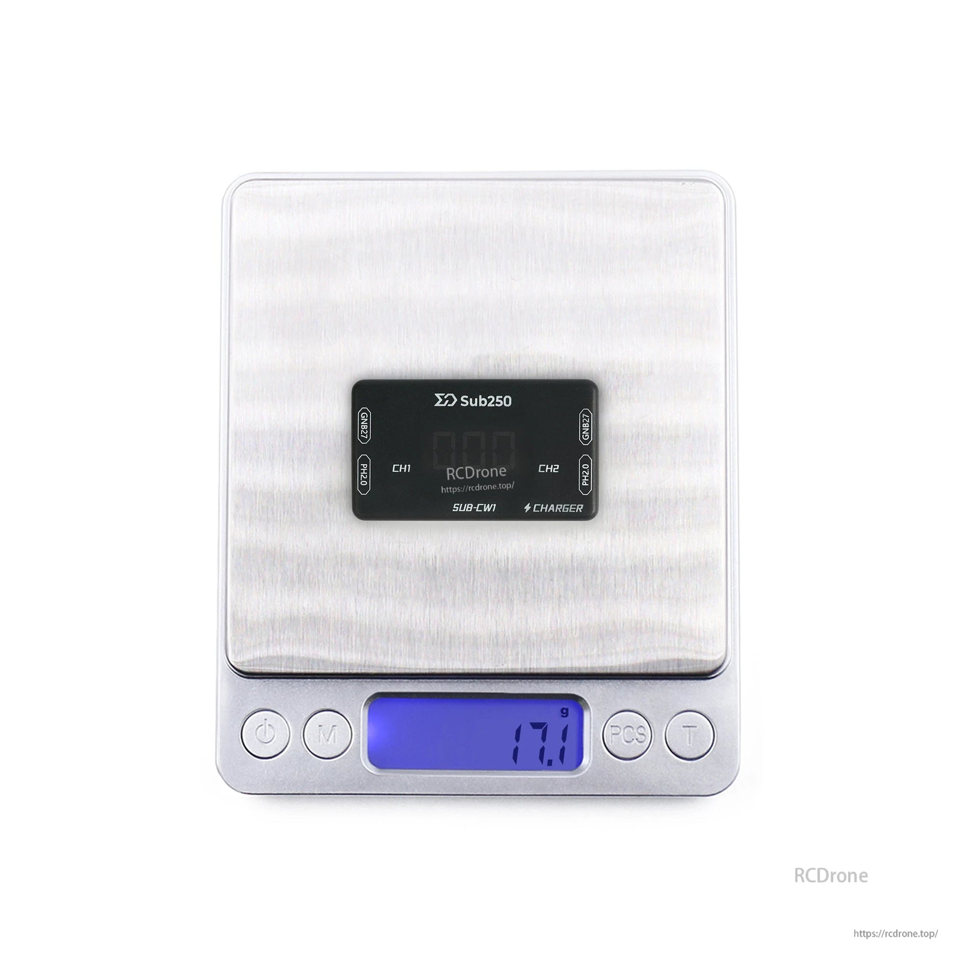 Charger on digital scale showing weight reading of 17.9 g