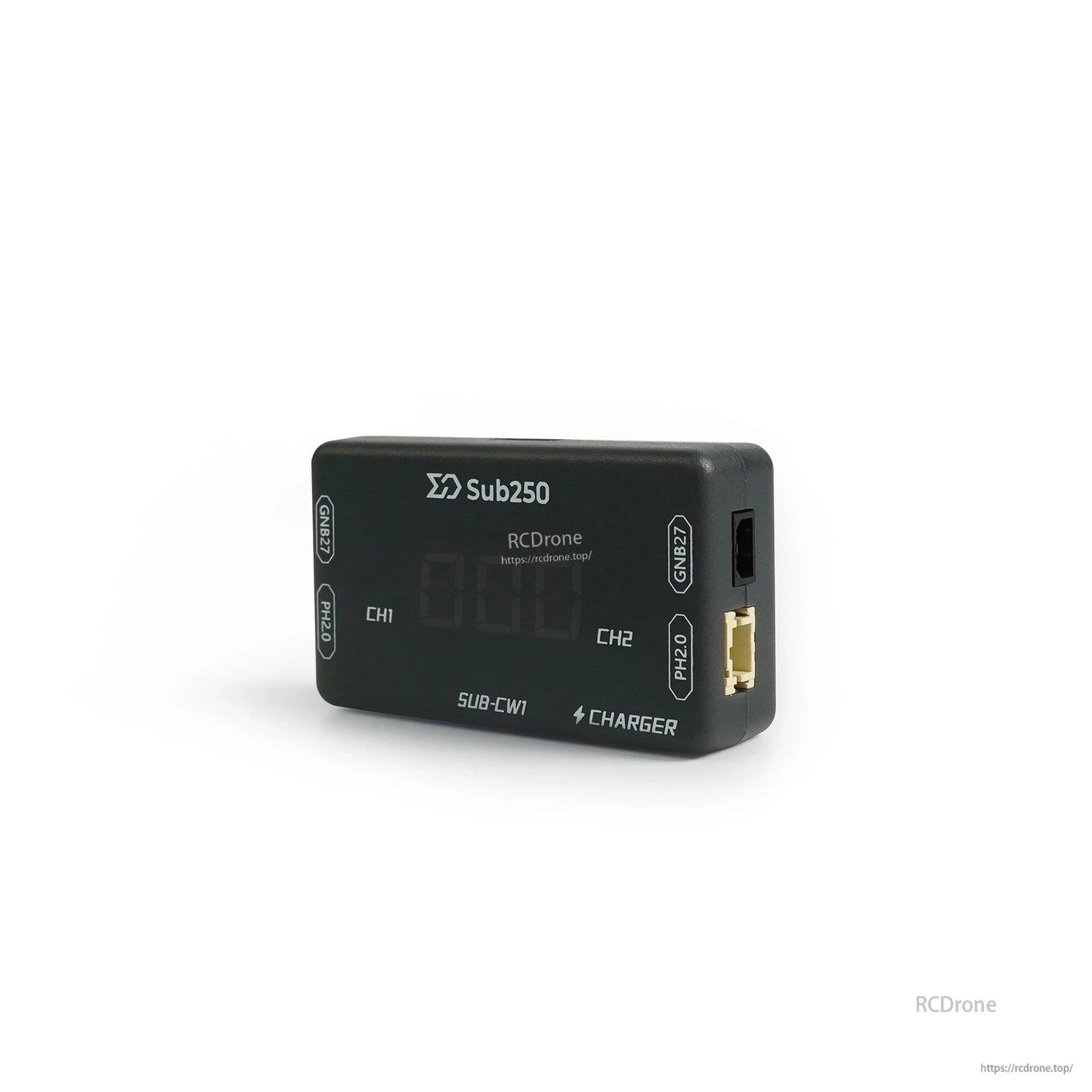 Front angle view showing Sub250 SUB-CW1 charger face with display, CH1/CH2 and side charge ports