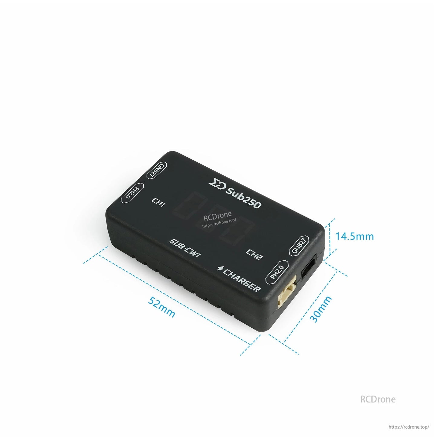 Charger dimensions diagram showing approx. 52 mm x 30 mm x 14.5 mm body size