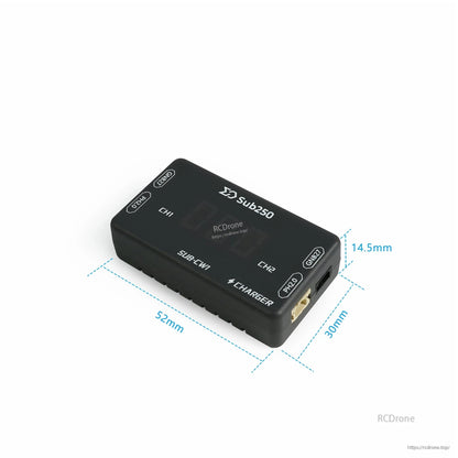Charger dimensions diagram showing approx. 52 mm x 30 mm x 14.5 mm body size