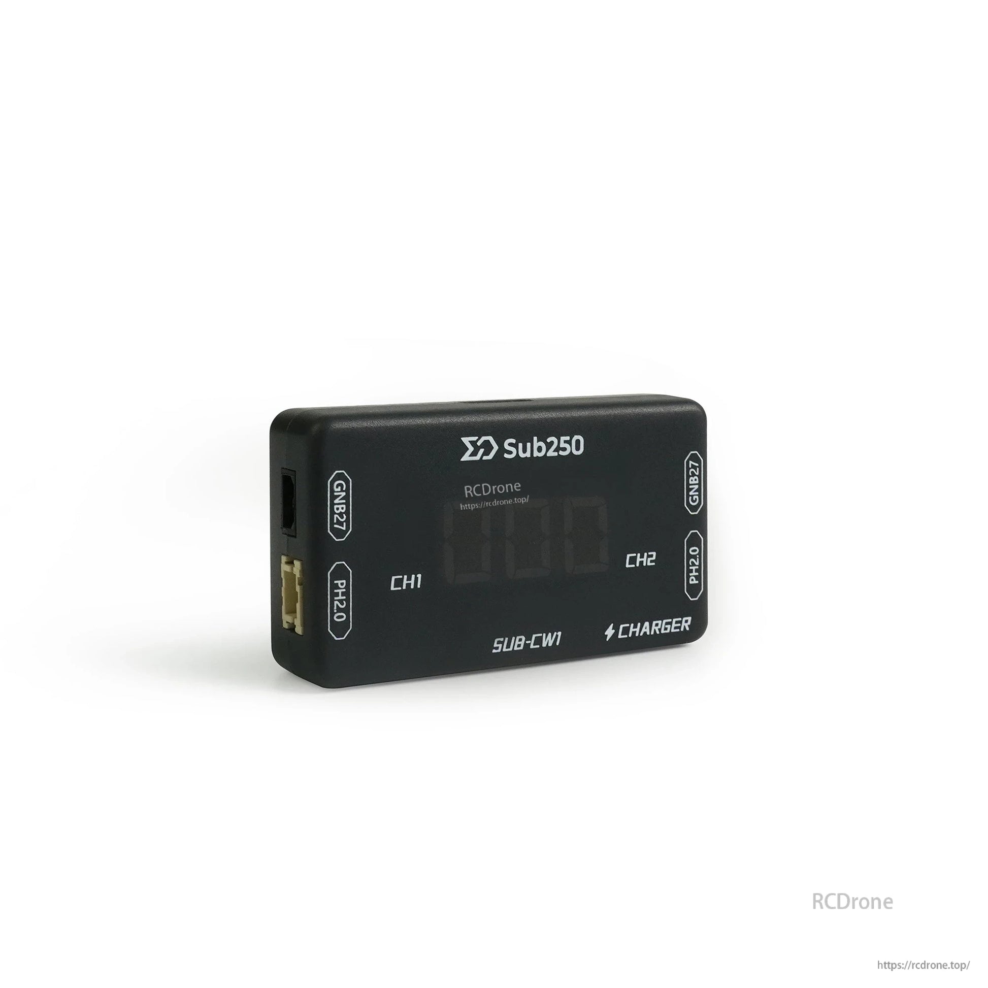 Angled view of charger showing CH1/CH2 display and opposite-side edge with connector opening