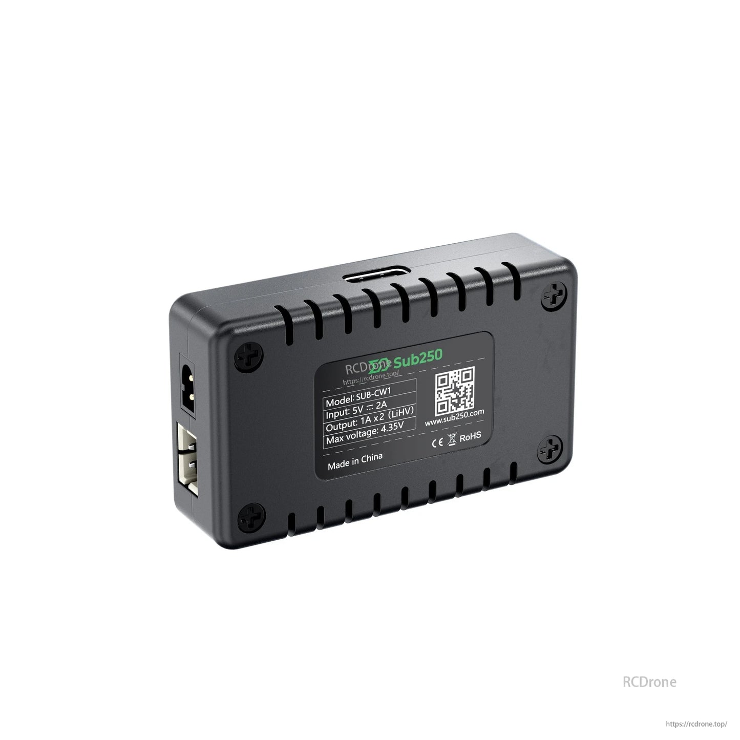 Back view showing bottom spec label, QR code, and USB-C port location on the housing