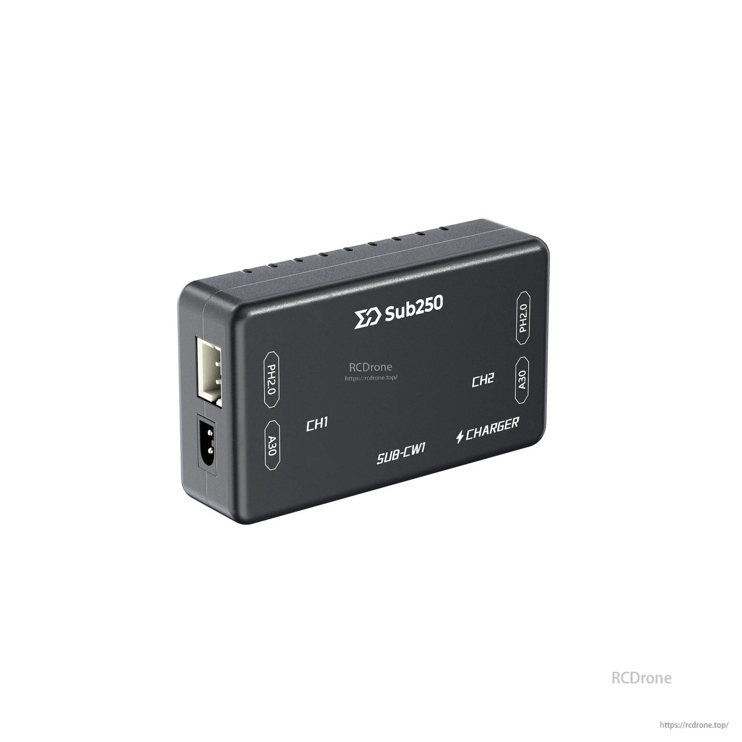 Side/end view showing USB-A port and DC input jack on the Sub250 charger