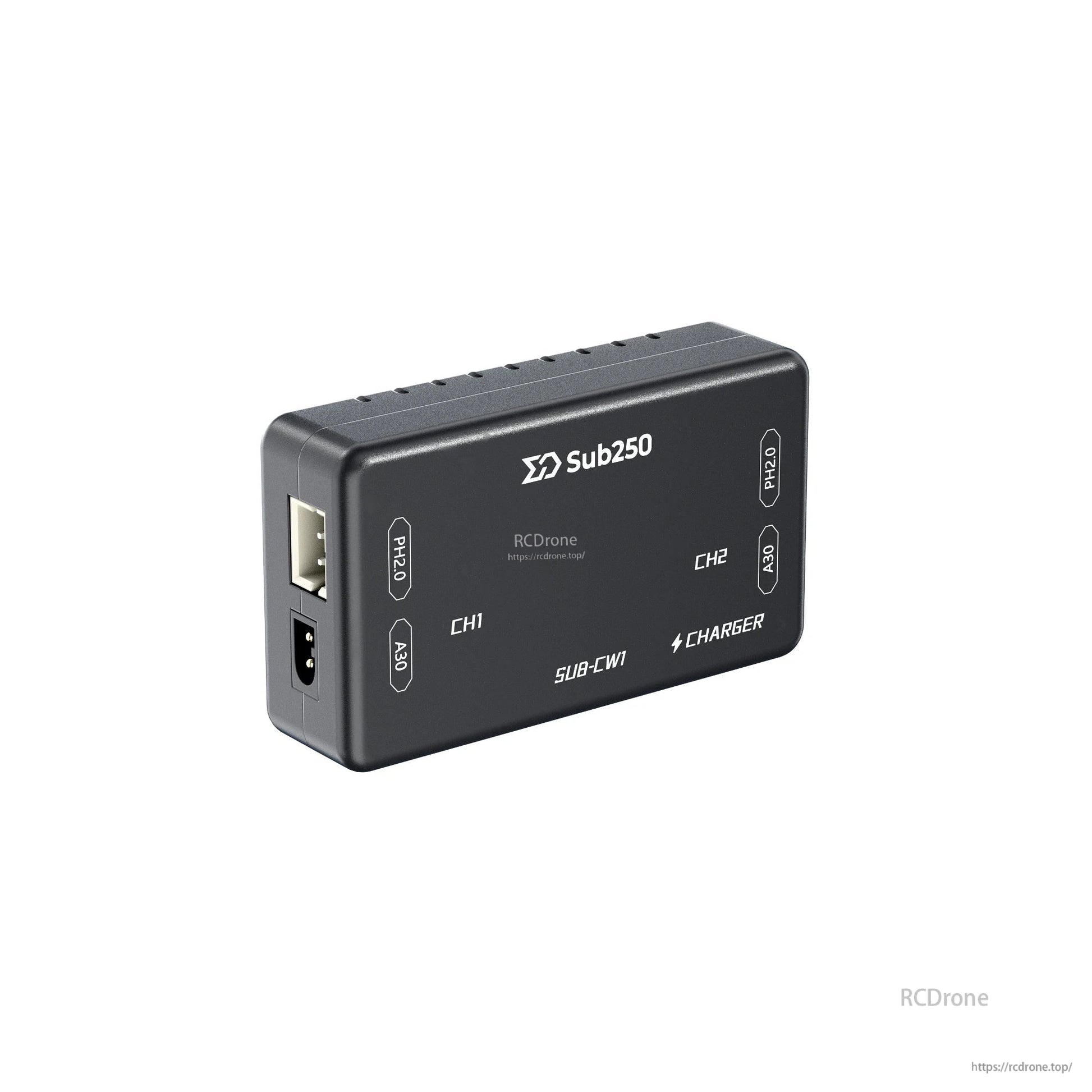 Side/end view showing USB-A port and DC input jack on the Sub250 charger