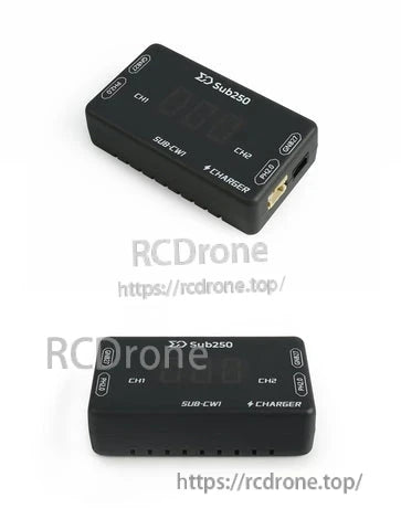 Angled views of the SUB-CW1 charger body showing compact case, port labeling, and display window