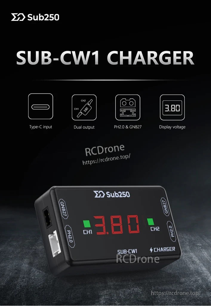 Sub250 SUB-CW1 1S LiHV dual charger with USB-C input, dual outputs, and digital voltage display