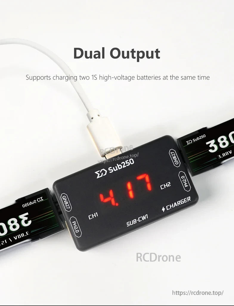 Sub250 SUB-CW1 1S LiHV dual output charging two batteries at once with voltage display active