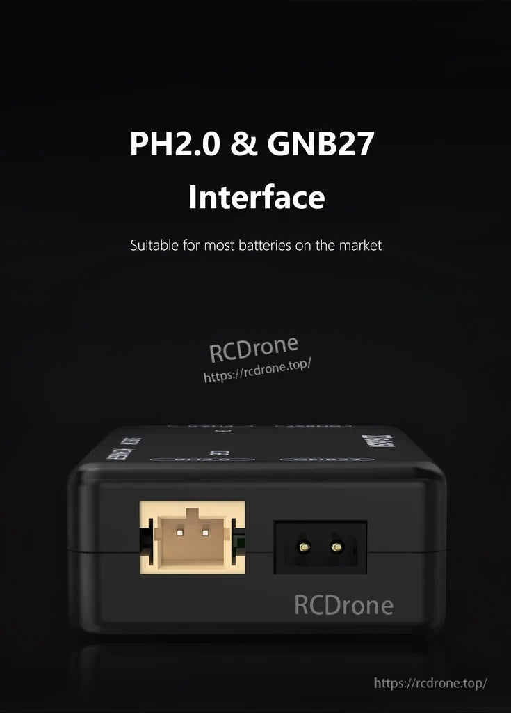 PH2.0 and GNB27 output connectors on the charger side panel for 1S micro quad batteries
