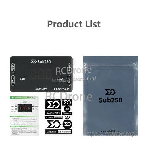 What’s included: SUB-CW1 charger, manual, Sub250 sticker sheet, and aluminum foil packaging bag