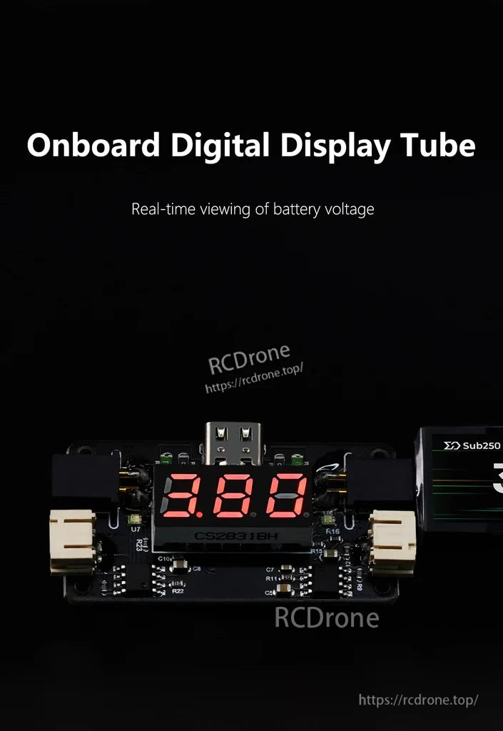 Onboard digital display module with red LED voltage readout for real-time 1S battery voltage