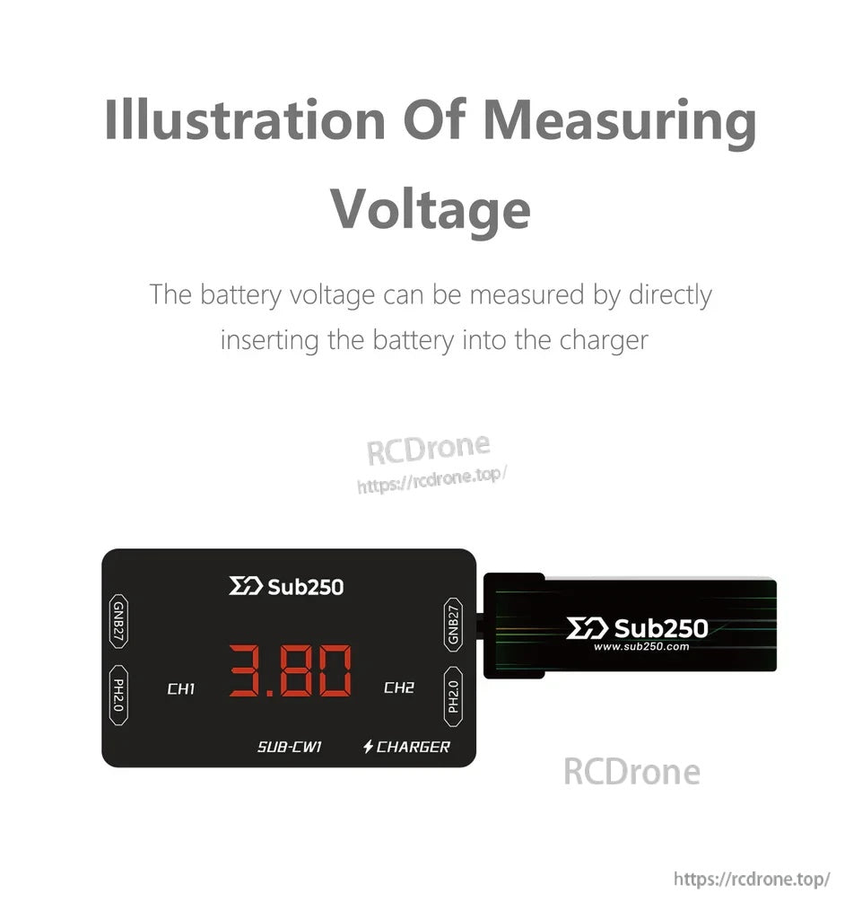 Voltage measurement operation: insert 1S battery into the charger to display its voltage