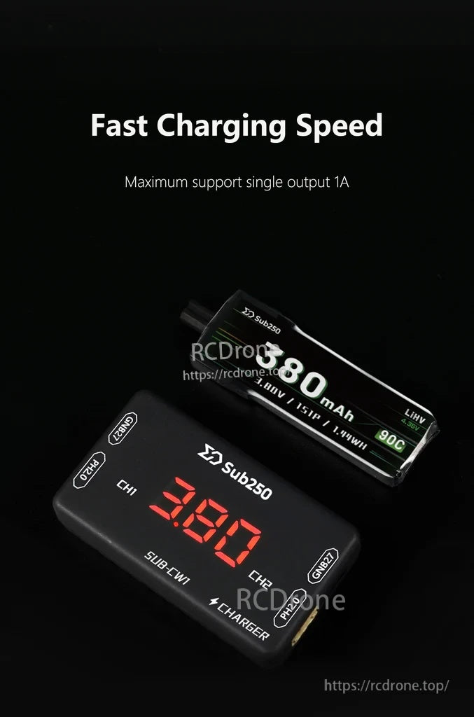 Sub250 SUB-CW1 charging a 1S LiHV pack; fast charging supports up to 1A per channel